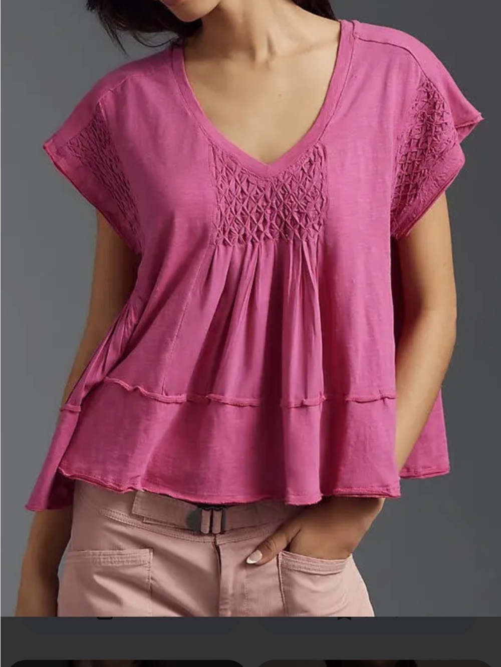Anthropologie Rose-Pink Smocked V-Neck Tiered Blouse